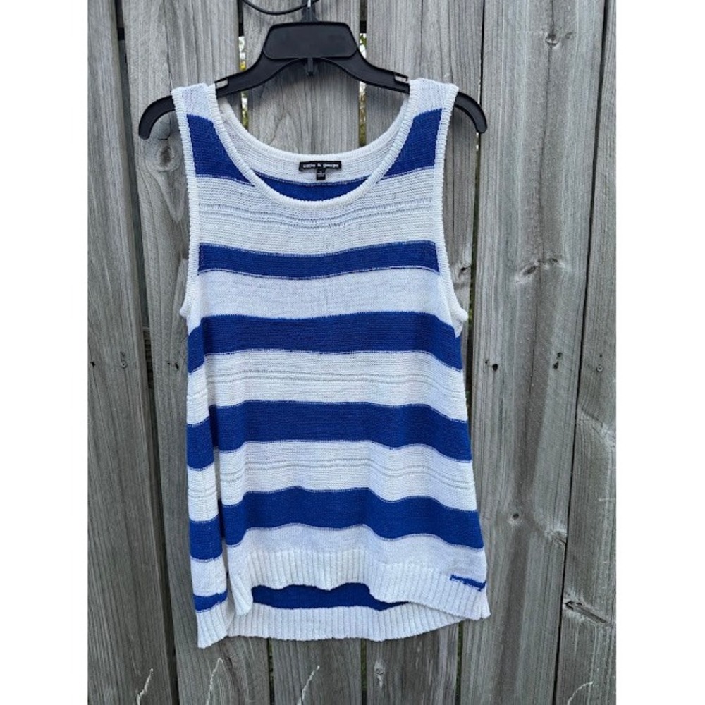 Nautical Coastal Cable & Gauge Knit Tank Top L Blue White Striped Scoop Neck